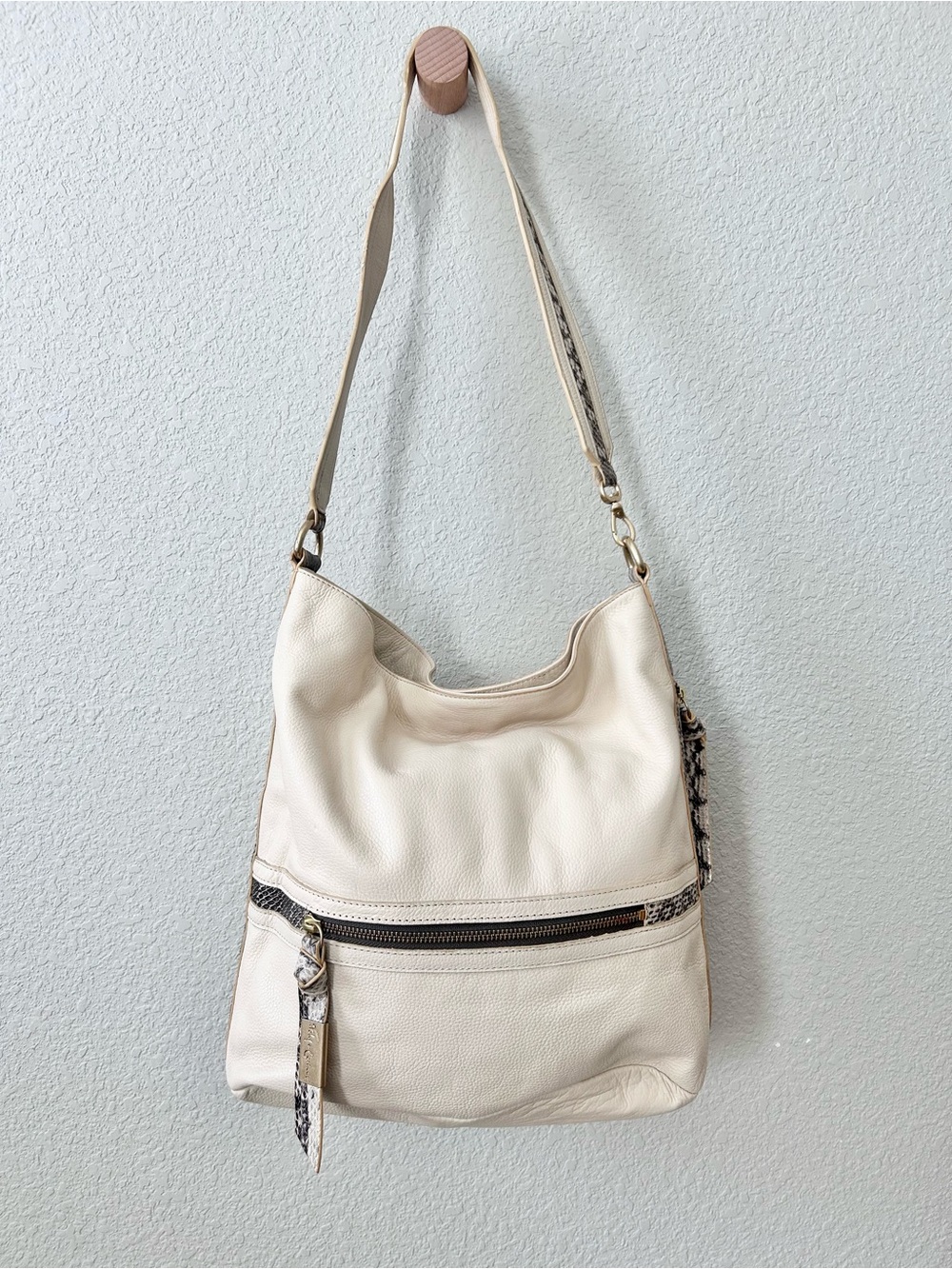 Foley & Corinna Cream Leather Hobo Bag with Snake Print Details